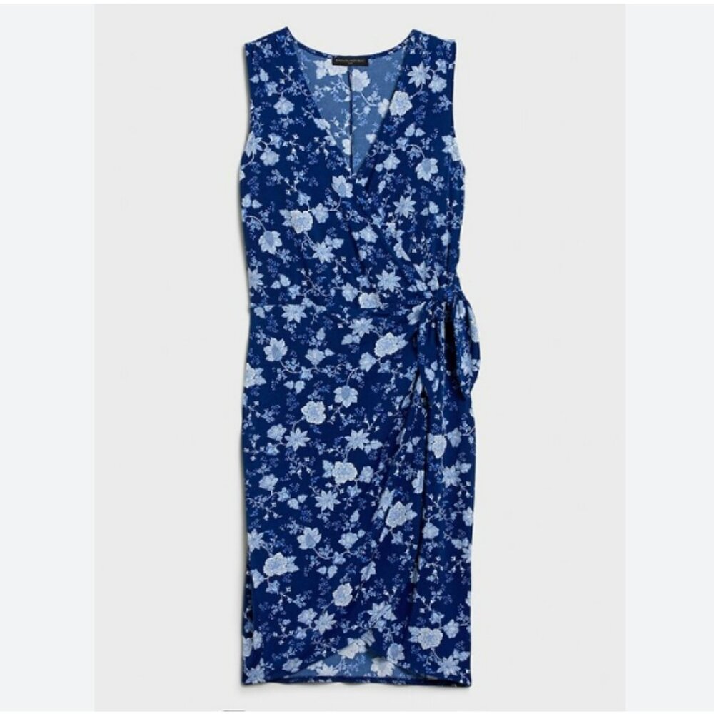 Banana Republic Factory Knot Wrap Dress - Blue and White Sheath Sleeveless